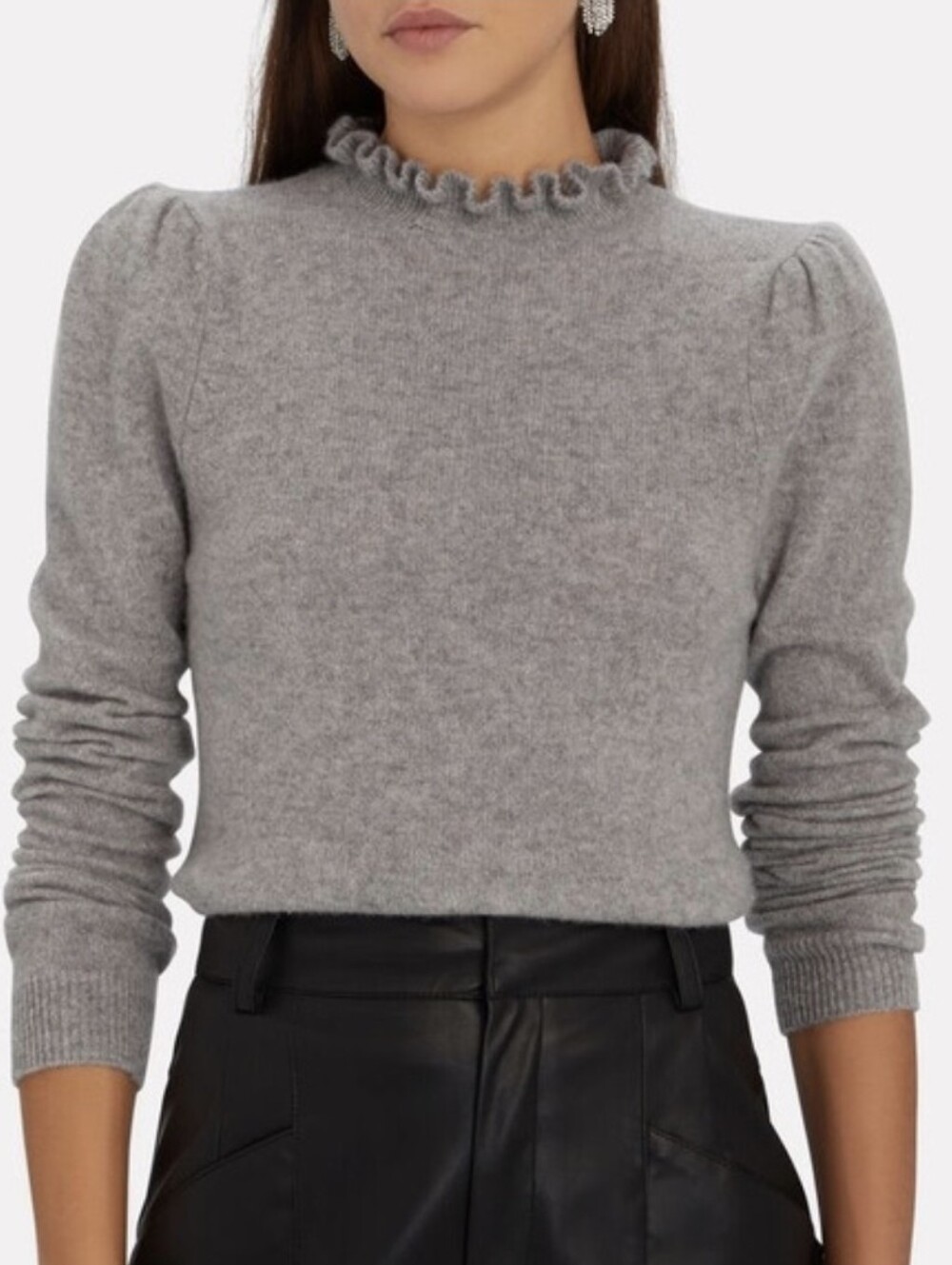 Frame 100% Cashmere Josefine Sweater Ruffle Mock Neck Heather Gray Women's Sz S